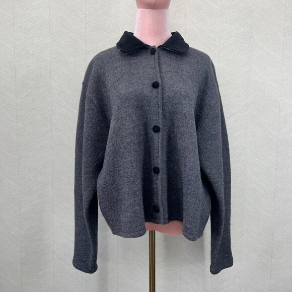 Herman Geist Vintage Womens Dark Gray 100% Wool Button up Sweater with Black Vel - Picture 1 of 10